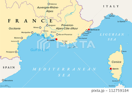 Southern France coastline, political map.のイラスト素材