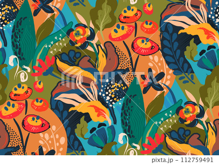 Vector seamless pattern with bright flowers and leaves. Endless floral background Vector seamless pattern with bright flowers and leaves. Endless floral background 112759491