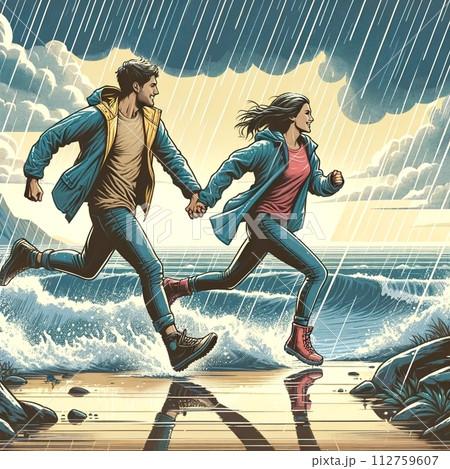 雨の日に海で走っているカップル 112759607