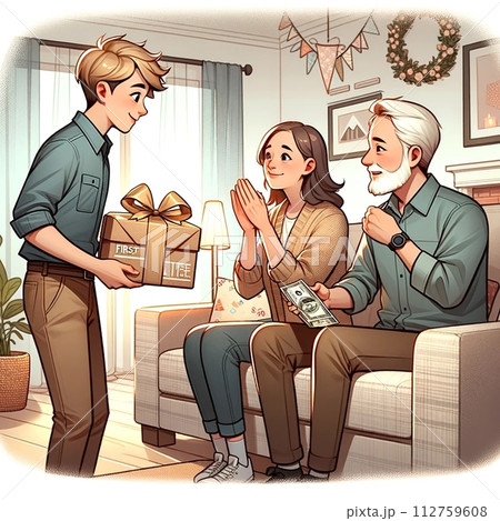 初任給で両親にプレゼントを渡した新社会人 初任給で両親にプレゼントを渡した新社会人 112759608
