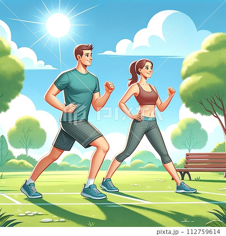 天気の良い日に外で軽いトレーニングをしているカップル 天気の良い日に外で軽いトレーニングをしているカップル 112759614