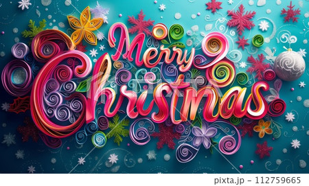 AI-generated content. Quilling Paper Art Merry Christmas concept creative horizontal art poster. Words Merry Christmas made in textured lettering. Horizontal Illustration. Ai Generated Holiday and 112759665