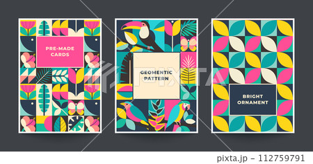Collection of three trendy vector bright cards with patterns assembled from squares with natural elements and geometric ornament. 112759791