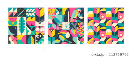 Set of three vector summer seamless patterns assembled from squares with natural elements, birds, flowers and geometric ornaments. Set of three vector summer seamless patterns assembled from squares with natural elements, birds, flowers and geometric ornaments. 112759792