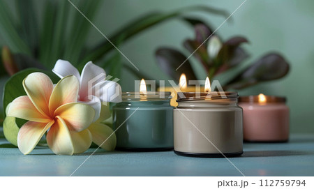 アロマキャンドルとプルメリアの花のスパのイメージ　AI画像 112759794