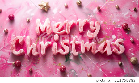 AI-generated content. Pink Marble Merry Christmas concept creative horizontal art poster. Words Merry Christmas made in textured lettering. Horizontal Illustration. Ai Generated Holiday and 112759885
