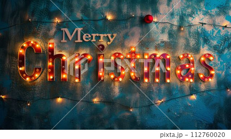 AI-generated content. Grey LED Merry Christmas concept creative horizontal art poster. Words Merry Christmas made in textured lettering. Horizontal Illustration. Ai Generated Holiday and Celebration 112760020