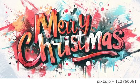 AI-generated content. Words Merry Christmas created in Graffiti Calligraphy. Decorative lettering of words Merry Christmas. Holiday Concept. Creative postcard. Ai Generated Digital art poster. 112760061