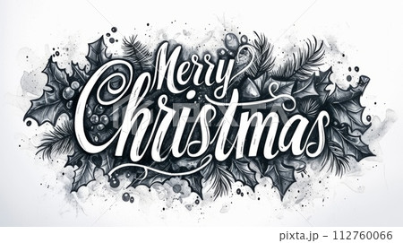 AI-generated content. Words Merry Christmas created in Gothic Calligraphy. Decorative lettering of words Merry Christmas. Holiday Concept. Creative postcard. Ai Generated Digital art poster. 112760066