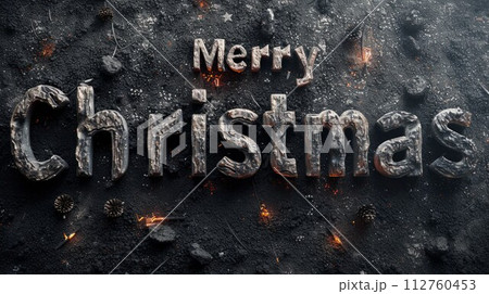 AI-generated content. Coal Merry Christmas concept creative horizontal art poster. Words Merry Christmas made in textured lettering. Horizontal Illustration. Ai Generated Holiday and Celebration 112760453