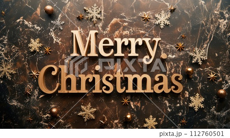 AI-generated content. Brown Marble Merry Christmas concept creative horizontal art poster. Words Merry Christmas made in textured lettering. Horizontal Illustration. Ai Generated Holiday and 112760501