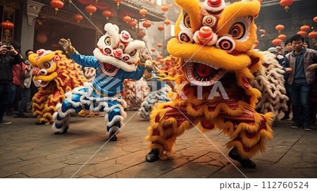 People wearing kirin costumes dance cheerfully and play with firecrackers.AI Generated 112760524