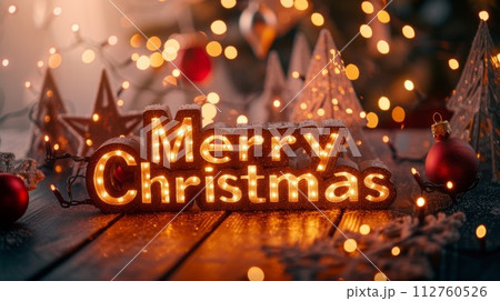 AI-generated content. Brown LED Merry Christmas concept creative horizontal art poster. Words Merry Christmas made in textured lettering. Horizontal Illustration. Ai Generated Holiday and Celebration 112760526