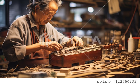 Conservation-worthy repairer of ancient musical instruments.AI Generated 112760533