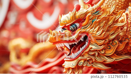 The head of a dragon carved from wood is formidable.AI Generated 112760535
