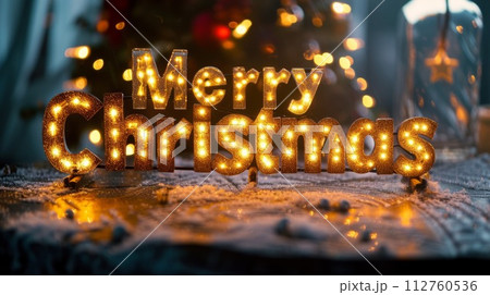 AI-generated content. Brown LED Merry Christmas concept creative horizontal art poster. Words Merry Christmas made in textured lettering. Horizontal Illustration. Ai Generated Holiday and Celebration 112760536