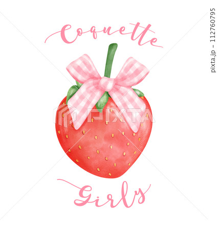 Coquette Strawberry with pink ribbon bow, aesthetic watercolor hand drawing 112760795