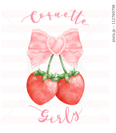 Coquette Strawberries with pink ribbon bow vicotira, aesthetic watercolor hand drawing 112760796