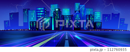 Night neon light from future city building on road 112760935