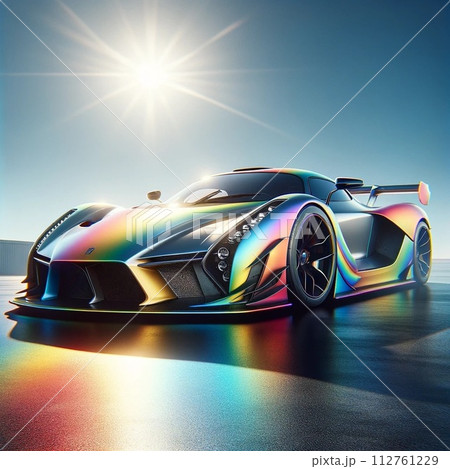 黒バックにメタリックレッドの自動運転車と太陽光とともに 112761229