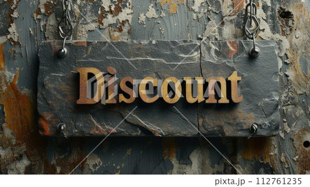 AI-generated content. Slate Stone Discount concept creative horizontal art poster. Word Discount made in textured lettering. Horizontal Illustration. Ai Generated Marketing and sales Symbol. AI-generated content. Slate Stone Discount concept creative horizontal art poster. Word Discount made in textured lettering. Horizontal Illustration. Ai Generated Marketing and sales Symbol. 112761235