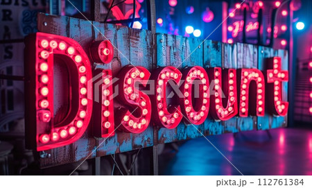 AI-generated content. LED Discount concept creative horizontal art poster. Word Discount made in textured lettering. Horizontal Illustration. Ai Generated Marketing and sales Symbol. 112761384