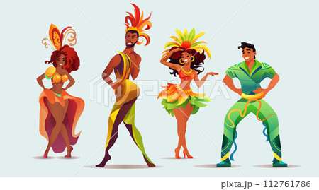 Brazilian samba dancers girls and guys wearing festival costumes and dancing together carnival party concept horizontal 112761786