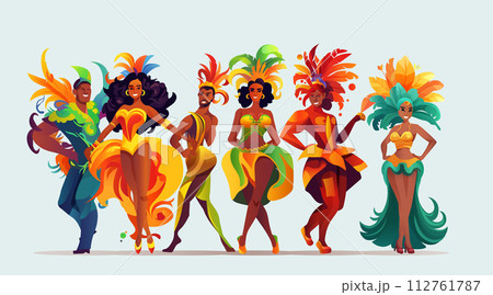 Brazilian samba dancers girls wearing festival costume and dancing together carnival party concept horizontal 112761787