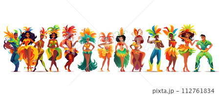 set Brazilian samba dancers girls wearing festival costume and dancing together carnival party concept horizontal 112761834