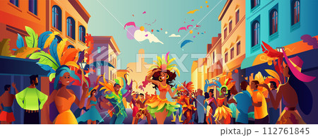 Brazilian samba dancers girls wearing festival costume and dancing on old city street carnival party concept Brazilian samba dancers girls wearing festival costume and dancing on old city street carnival party concept 112761845