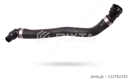 Black plastic hose of the car engine cooling system on a white isolated background in a photo studio for replacement during repair or for a catalog of spare parts for sale on auto disassembly. 112762105