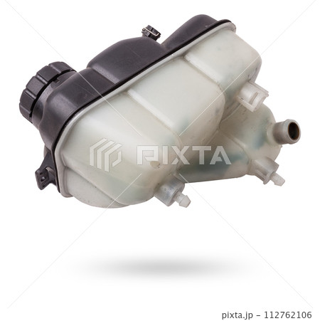 Coolant expansion tank white on an isolated background with black details. A unit of a liquid cooling system for internal combustion engines, a capacity of a special design. Coolant expansion tank white on an isolated background with black details. A unit of a liquid cooling system for internal combustion engines, a capacity of a special design. 112762106