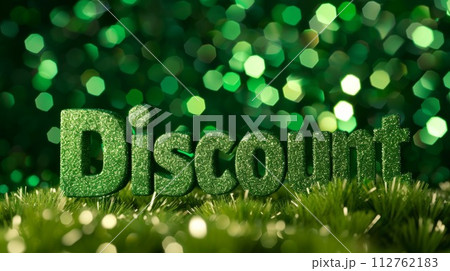 AI-generated content. Green Glossy Surface Discount concept creative horizontal art poster. Word Discount made in textured lettering. Horizontal Illustration. Ai Generated Marketing and sales Symbol. 112762183