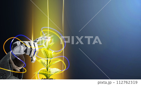 Futuristic robot technology development, artificial intelligence AI touch little plant as new life on dark background. 112762319