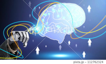 Futuristic robot technology development, artificial intelligence AI touch big data of Global network connection. Futuristic robot technology development, artificial intelligence AI touch big data of Global network connection. 112762324