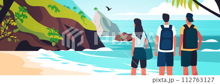 tourists standing on beach and enjoying sea scenic panorama with landscape island summer vacation time to travel concept tourists standing on beach and enjoying sea scenic panorama with landscape island summer vacation time to travel concept 112763127