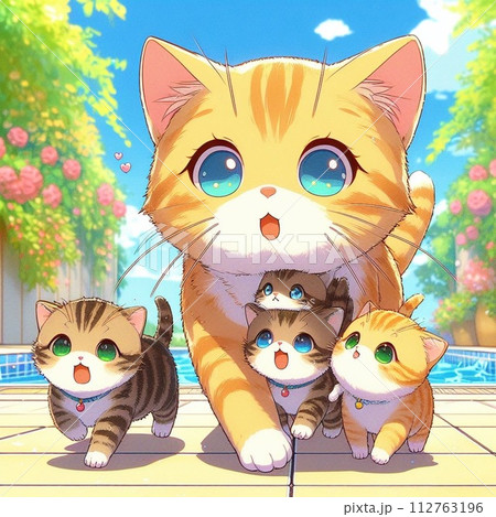 母猫が子猫を大切にしてるイラスト 112763196