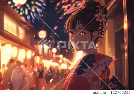 花火大会に行く浴衣を着た若い女性 112763295