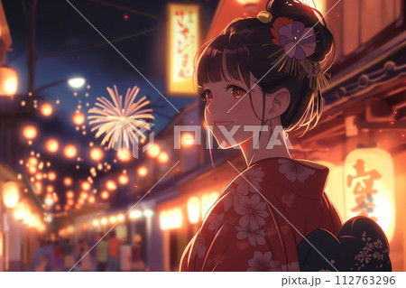 花火大会に行く浴衣を着た若い女性 112763296