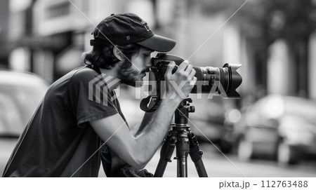 一眼レフカメラで撮影をするカメラマン 112763488