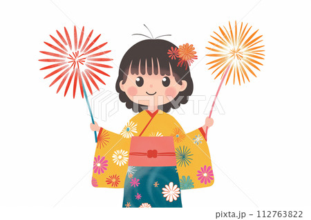 手持ち花火を持つ浴衣を着た女の子 112763822