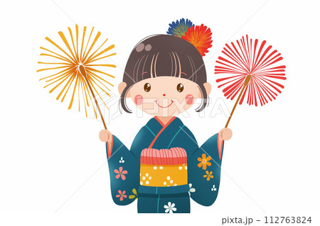 手持ち花火を持つ浴衣を着た女の子 112763824