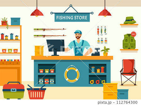Fishing Store Vector Illustration with Selling Various Fishery Equipment, Bait, Fish Catching Accessories or Items on Flat Cartoon Background Fishing Store Vector Illustration with Selling Various Fishery Equipment, Bait, Fish Catching Accessories or Items on Flat Cartoon Background 112764300