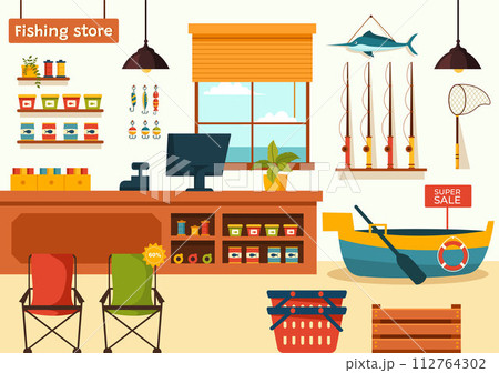 Fishing Store Vector Illustration with Selling Various Fishery Equipment, Bait, Fish Catching Accessories or Items on Flat Cartoon Background Fishing Store Vector Illustration with Selling Various Fishery Equipment, Bait, Fish Catching Accessories or Items on Flat Cartoon Background 112764302