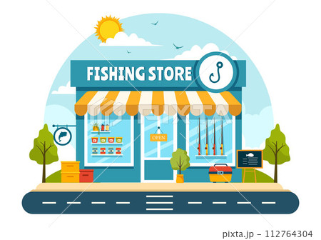 Fishing Store Vector Illustration with Selling Various Fishery Equipment, Bait, Fish Catching Accessories or Items on Flat Cartoon Background 112764304