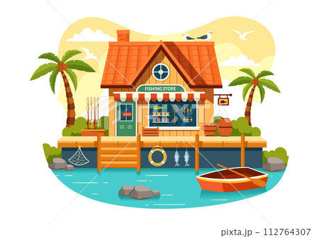 Fishing Store Vector Illustration with Selling Various Fishery Equipment, Bait, Fish Catching Accessories or Items on Flat Cartoon Background Fishing Store Vector Illustration with Selling Various Fishery Equipment, Bait, Fish Catching Accessories or Items on Flat Cartoon Background 112764307