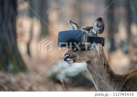 AI-generated content. A deer wearing a virtual reality headset. Generative AI 112765419