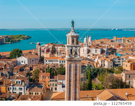 Aerial View of Venice near Saint Mark's Square, Rialto bridge and narrow canals. Beautiful Venice from above. 112765459