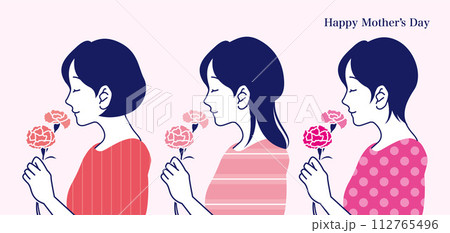 カーネーションの花を持った女性のイラスト素材 ベクター 母の日 髪型 112765496