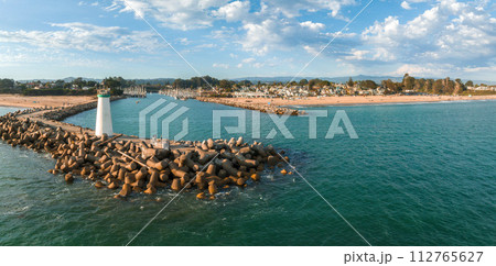 Aerial view of the Capitola beach town lighthouse in California, USA. Aerial view of the Capitola beach town lighthouse in California, USA. 112765627